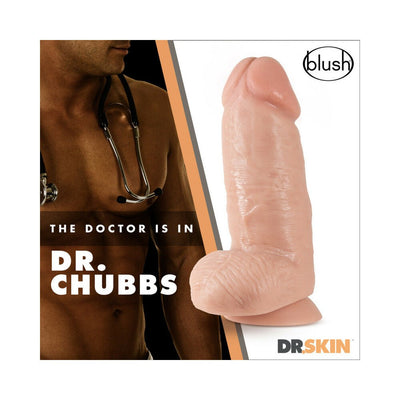 Realistic vanilla-colored dildo with suction cup base next to a shirtless man wearing a stethoscope, Dr. Skin branding visible.