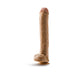 Realistic flesh-toned dildo with detailed texture, balls, and suction cup base standing upright on white background.