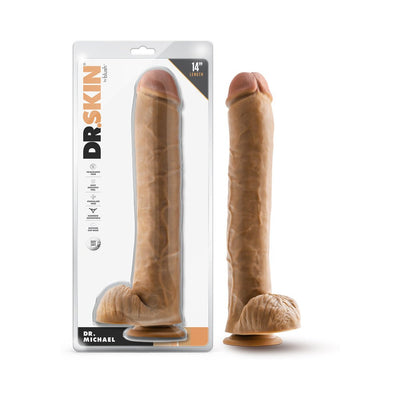 Realistic 14-inch Dr. Michael dildo with suction cup base displayed in and out of clear packaging.