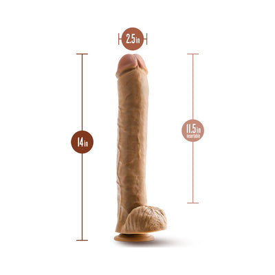 Realistic 14-inch dildo with suction base and detailed texture, 2.5-inch diameter, 11.5-inch insertable length.