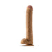 Realistic flesh-toned dildo with detailed veins, balls, and suction cup base for hands-free use and harness compatibility.