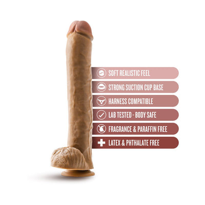Realistic flesh-toned dildo with textured veins, balls, and suction cup base, highlighting body-safe and harness-compatible features.