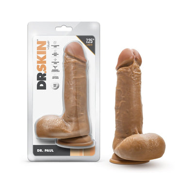 Realistic 7.25-inch brown dildo with suction cup base and textured details, shown with packaging.