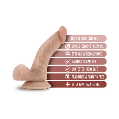 Beige realistic dildo with suction cup base highlighting soft feel, G-spot curve, harness compatibility, and body-safe materials.