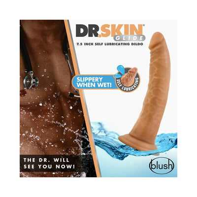 Dr. Skin Glide 7.5-inch self-lubricating dildo with suction base shown with water splash and doctor theme background.