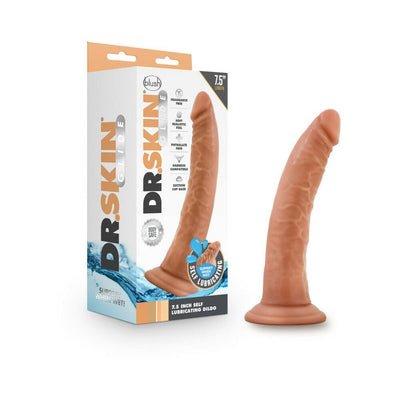 Dr. Skin Glide 7.5-inch realistic textured dildo with suction cup base next to its packaging box.