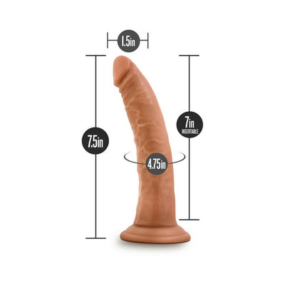 7.5-inch realistic dildo with suction cup base, detailed texture, and 1.5-inch width shown with size measurements.