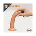 Hand holding flexible 7.5-inch realistic dildo with suction base, showcasing lifelike texture and bendability.