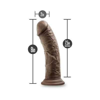 Mocha-colored 8-inch self-lubricating dildo with suction cup base and detailed realistic texture, 2-inch width shown with measurements.