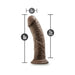 Mocha-colored 8-inch self-lubricating dildo with suction cup base and detailed realistic texture, 2-inch width shown with measurements.