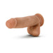 Realistic 7-inch self-lubricating dildo with balls and suction cup base in natural skin tone.