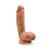 Chocolate-colored realistic dildo with textured shaft and balls, featuring a suction cup base for hands-free use.