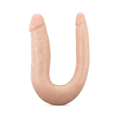 U-shaped double-ended dildo with realistic texture and two different-sized ends in a soft skin tone.