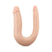 U-shaped double-ended dildo with realistic texture and two different-sized ends in a soft skin tone.