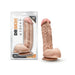 Realistic 8.5 inch flesh-toned dildo with suction cup base shown in and out of packaging.