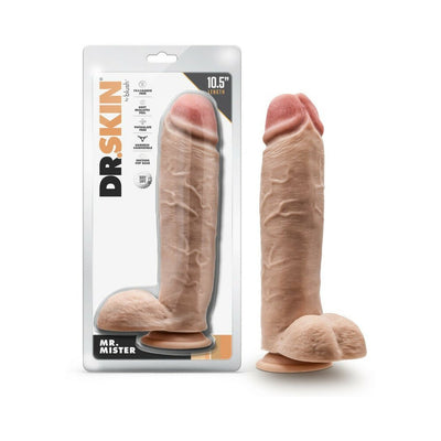 Realistic chocolate-colored 10.5-inch dildo with suction cup base displayed in packaging and standing upright.