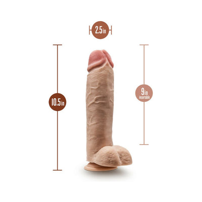 Realistic chocolate-colored dildo with suction cup base, measuring 10.5 inches long and 2.5 inches wide, with 9 inches insertable length.