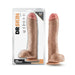 Realistic 11.5 inch flesh-toned dildo with suction cup base shown in and out of packaging.