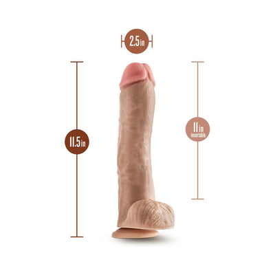 Realistic 11.5 inch dildo with suction cup base, detailed texture, and 2.5 inch diameter for versatile use.