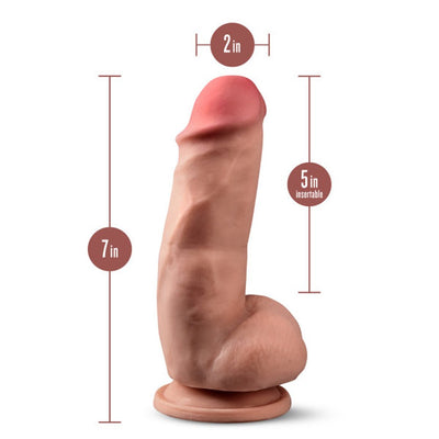 7 inch girthy realistic dildo with balls and suction base, showing dimensions and insertable length.