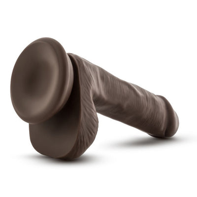 6-inch posable realistic dildo with balls and suction cup base in rich brown color on white background.