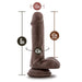 6-inch posable dark brown dildo with balls and suction base, showing dimensions and insertable length.
