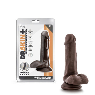 Dr. Skin Plus 6-inch posable dildo with balls in dark brown, featuring a strong suction cup base and realistic texture.