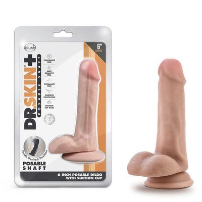Dr. Skin Plus 6-inch realistic posable dildo with balls and suction cup base, shown in packaging and standalone.