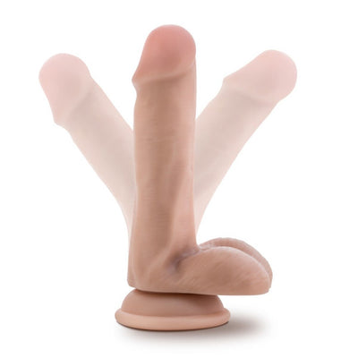 Realistic 6-inch posable dildo with balls and suction cup base in natural skin tone shown in adjustable positions.