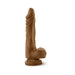 Realistic brown dildo with textured shaft and suction cup base for hands-free use, standing upright on white background.