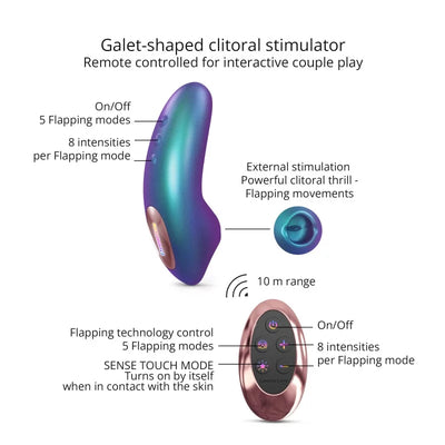 Iridescent berry galet-shaped clitoral stimulator with remote control featuring 5 flapping modes and 8 intensity levels.