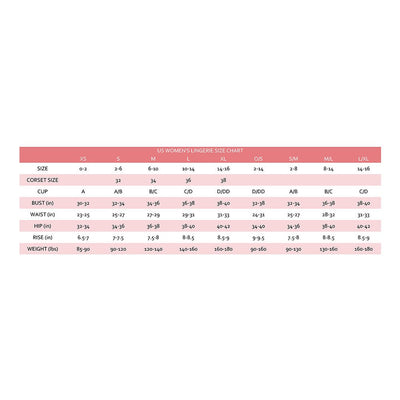 US women's lingerie size chart showing measurements for bust, waist, hip, rise, and weight across sizes XS to XL and combined size ranges.