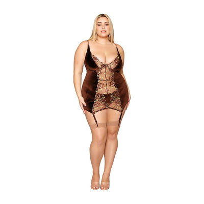 Plus size model wearing Dreamgirl garter slip and matching G-string in espresso velvet with floral embroidery and attached garters.