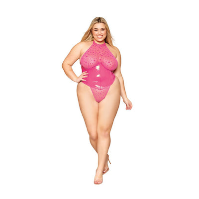 Plus size model wearing peony pink heart print halter teddy with wetlook corset detail and matching G-string.