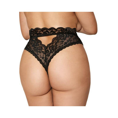 Back view of black high-waist scalloped lace panty with keyhole cutout detail on plus size model