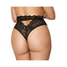 Back view of black high-waist scalloped lace panty with keyhole cutout detail on plus size model