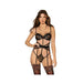 Woman wearing black animal print strappy teddy with molded cups and matching leopard print thigh-high stockings