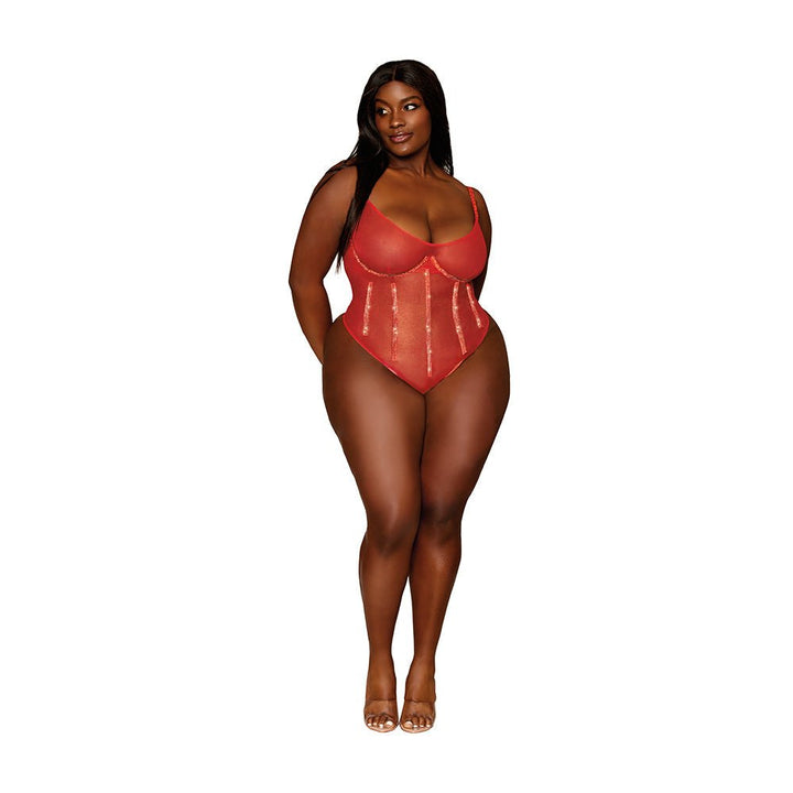 Plus size model wearing a ruby red thong teddy with underwire cups and rhinestone boning detailing.