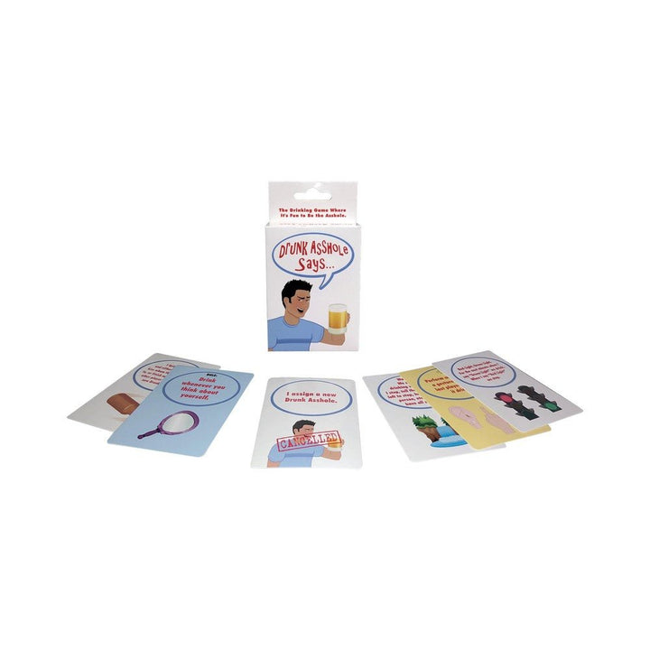 Drunk Asshole Says drinking game box with illustrated cards featuring humorous challenges and prompts for party fun.