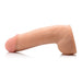 Beige dual density realistic dildo with lifelike texture and curved shape on white background.