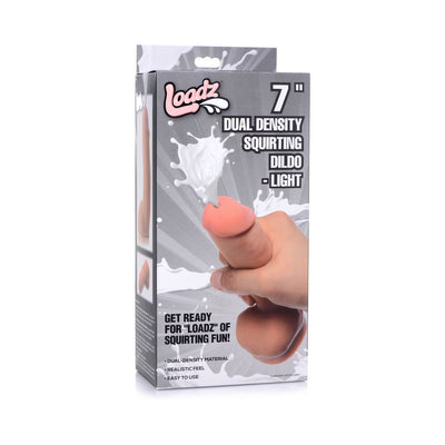 Packaging box for Loadz 7-inch dual density squirting dildo in beige with product image and features listed.