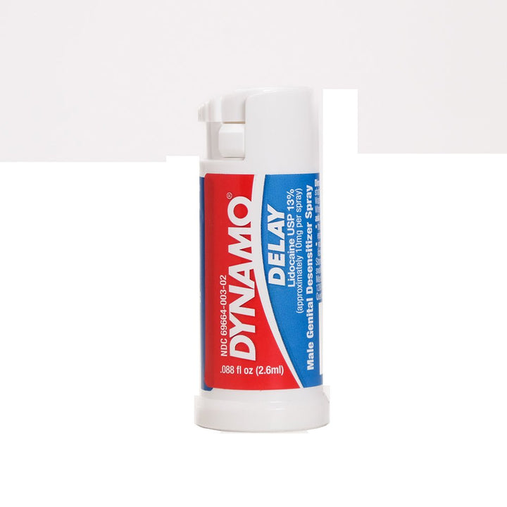 Compact Dynamo Delay to Go spray bottle with red and blue label for male desensitizer, 0.08oz size.
