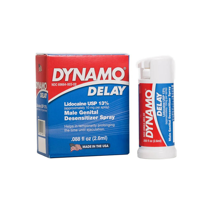 Dynamo Delay to Go 0.08oz male genital desensitizer spray with red and blue packaging, made in the USA.
