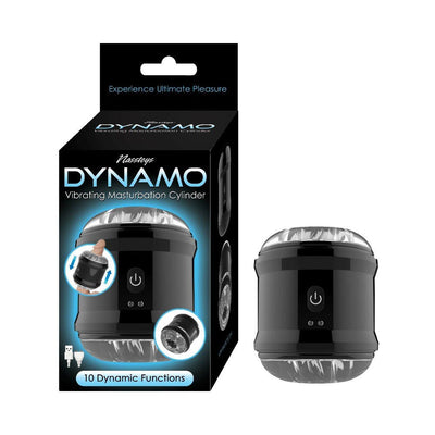 Black Dynamo vibrating masturbation cylinder with clear textured ends and power button, shown with retail packaging.