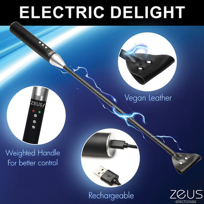 Black e-stim crop with weighted handle, vegan leather tip with metal buttons, and USB rechargeable design.