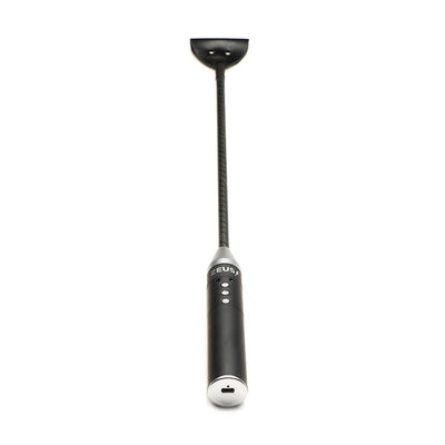 Black e-stim crop with flexible rod, vegan leather tip, and control buttons on the handle against a white background.