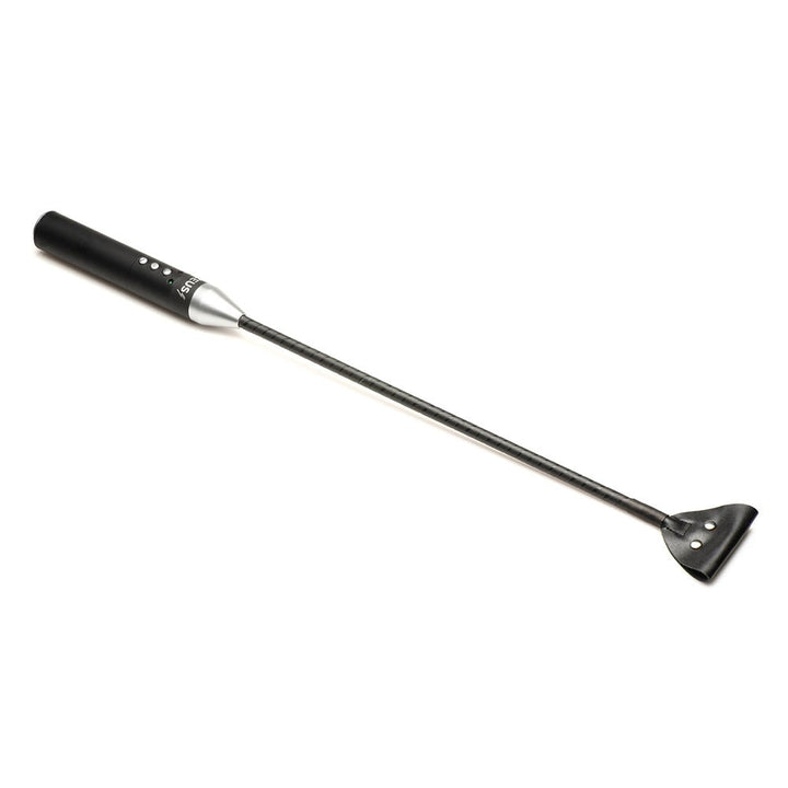 Black e-stim crop with a firm handle, flexible rod, and vegan leather tip with conductive metal buttons.