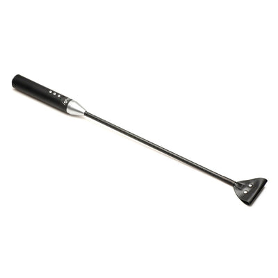Black e-stim crop with a firm handle, flexible rod, and vegan leather tip with conductive metal buttons.
