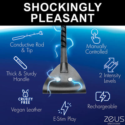 E-stim crop with vegan leather tip and conductive rod, featuring thick handle, manual control, two intensity levels, and rechargeable battery.