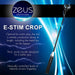 Zeus Electrosex E-stim Crop with conductive rod, sturdy grip handle, and adjustable intensity controls on a blue electric background.